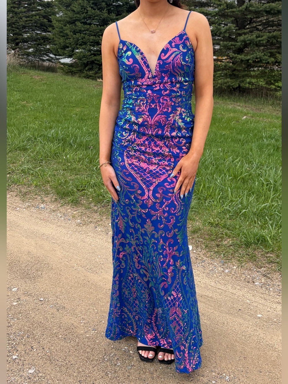 Blue & Sequin V-Neck Spaghetti Strap Prom Dress